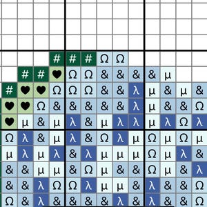 May include: A digital cross-stitch pattern featuring a variety of symbols, including hearts, Greek letters, and ampersands. The pattern is arranged in a triangular shape with a dark green background and light blue and white squares.