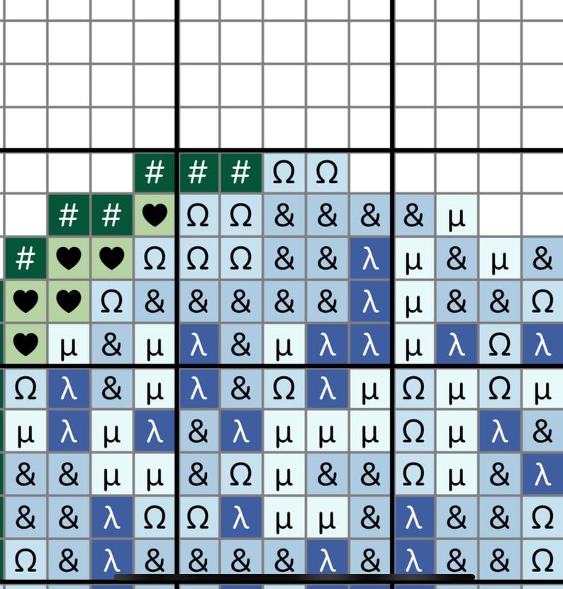 May include: A digital cross-stitch pattern featuring a variety of symbols, including hearts, Greek letters, and ampersands. The pattern is arranged in a triangular shape with a dark green background and light blue and white squares.