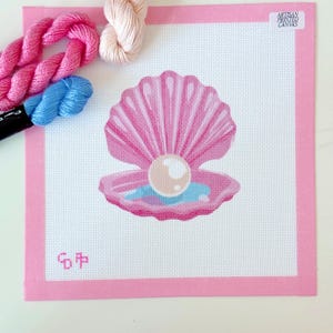 Pink Shell Pearl Needlepoint Canvas, Coastal Needlepoint Canvas, Beach Needlepoint, Artisan Printed Canvas, 4x4 Design