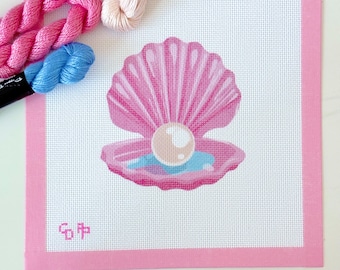 Lienzo para bordar con diseño de perlas y conchas rosas, lienzo para bordar con temática costera, bordado playero, lienzo impreso artesanal, diseño de 4x4