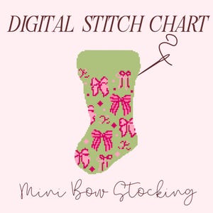 May include: Digital stitch chart for a green stocking with pink bows. The chart is titled "Mini Bow Stocking".