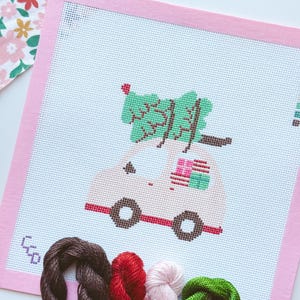 Christmas Needlepoint Ornament, Christmas Car Needlepoint, Modern Needlepoint, 18 Mesh 4”x4” Design, Pink Christmas Needlepoint Canvas