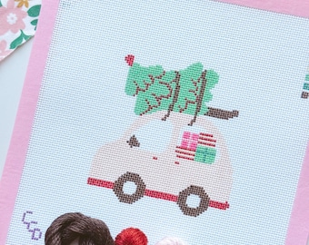 Christmas Needlepoint Ornament, Christmas Car Needlepoint, Modern Needlepoint, 18 Mesh 4”x4” Design, Pink Christmas Needlepoint Canvas