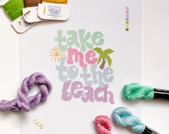 Take Me to the Beach Retro Needlepoint Canvas | Hand-Painted 18 Mesh | 5" x 4" Design on 8" x 8" Canvas | Ready to Ship
