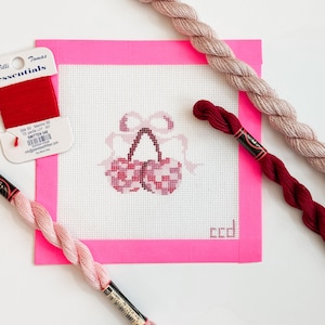 Disco Cherries Coquette Needlepoint Canvas Hand Painted, Cherry Bows 18 Mesh 3&quot; Design Needlepoint Canvas, Modern Needlepoint Canvas