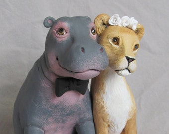 Custom Made Clay HIPPO & LIONESS Pet Dog Cat Lion  Wedding Cake Topper Sculpture Bride Groom Dog Cat Pet Animal Safari