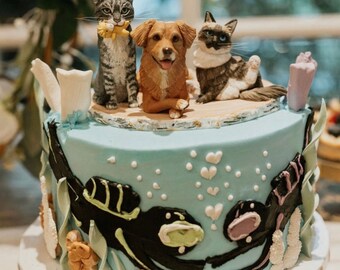 Custom 3 pet dog and cat wedding cake topper Ragdoll Cat Grey Tabby Orange Lab