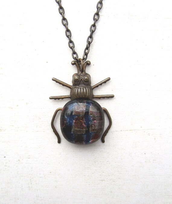 Items similar to Fused Glass Firefly Plaid Necklace Antique Brass on Etsy