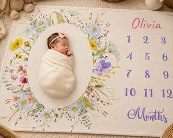 Baby mijlpaaldeken met wilde bloemen, gepersonaliseerde deken met naam voor elke maand, mijlpaaldeken voor een babymeisje, gepersonaliseerd kraamcadeau, fluwelen minky