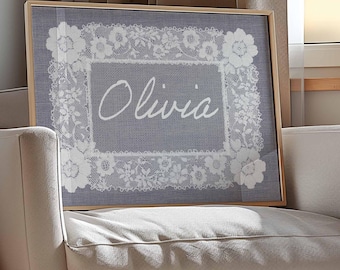 Babykamerdecoratie op maat, gepersonaliseerd kanten kleedje met patroon, blauwe kanten naambordje voor de babykamer, vintage naambordje voor de baby, digitale prints voor muurdecoratie in cottagecore-stijl