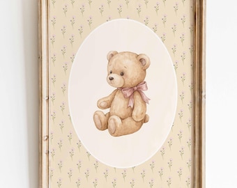 Vintage teddybeer babykamerprint, prints voor de speelkamer van een meisje, cottagecore kunst voor een meisjeskamer, erfstuk print, schattige beren muurdecoratie