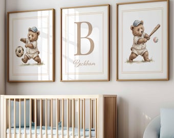 Vintage teddybeer kinderkamer, gepersonaliseerde naamprints, set van 3 printbare kinderkamerdecoraties voor jongens, sportieve muurdecoratie voor kinderen