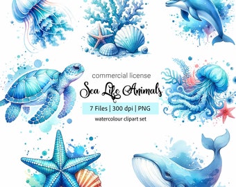 Sea Animals Watercolor Clipart Bundle: Ocean PNG Illustrations