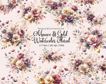 Clipart floral aquarelle or mauve : Bouquet Boho PNG (téléchargement numérique)