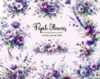 Watercolor Purple Floral Clipart: PNG Bouquet, Border (Commercial Use)