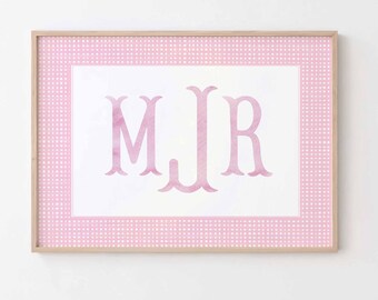 Monogram babymeisje digitaal, naambordje gingang, roze babymeisje print, aangepaste afdrukbare babykamer, decor boven wieg