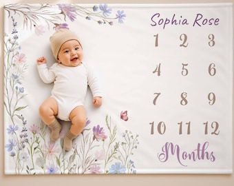 Babydeken met wilde bloemen, mijlpaaldeken met gepersonaliseerde naam, thuiskomstdeken, aandenken voor een pasgeboren meisje, bloemendecoratie voor de babykamer
