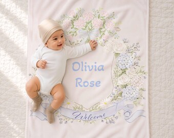 Gepersonaliseerde deken met hortensia-bloemenkrans, welkomstdeken voor baby's, gepersonaliseerd cadeau voor meisjes, aandenkendeken, kraamcadeau, fluwelen deken