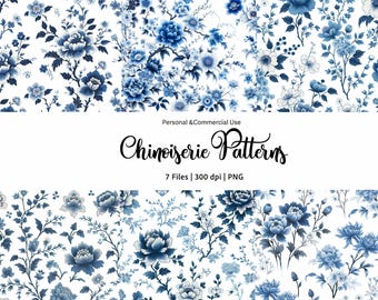 Clipart floral chinoiserie azul: boda vintage PNG (sin costuras)