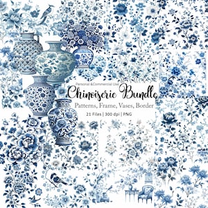 Chinoiserie Clipart Bundle, Chinoiserie Floral Clipart, Vintage Floral Clipart, Chinoiserie Pattern PNG, Chinoiserie Vase, Blue Toile PNG