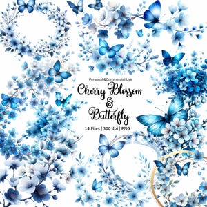 Clipart di fiori di ciliegio blu, Clip art di fiori di farfalla, PNG di farfalla floreale, Ghirlanda di fiori di ciliegio blu navy, Clipart di nozze, Download digitale