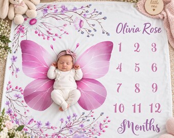 Vlinder mijlpaal deken, deken met gepersonaliseerde naam, babydeken als fotorekwisiet voor maandelijkse babyfoto's, geboorteaankondiging, groei-tracking, aandenken
