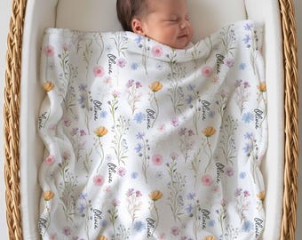 Deken met wilde bloemennaam, gepersonaliseerde babydeken met bloemen, welkomstgeschenk voor pasgeborenen, kraamcadeau, cadeau voor een pasgeboren meisje