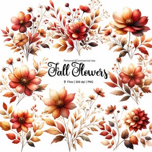Fall Floral Clipart: Watercolor Autumn Flower Bouquets (PNG Digital Download)