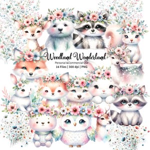 Bosdieren aquarel clipart, schattige bloemen dieren, bos dieren png, bloemenkroon baby dieren png, kinderkamer clipart, verjaardag
