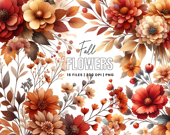 Autumn Watercolor Clipart, Fall Floral Bouquets and Borders, Brown and ...