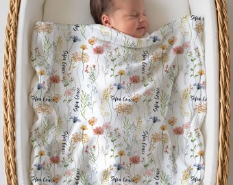 Bloemenprint deken, babydeken met gepersonaliseerde naam, decoratie voor meisjeskamer, bloemen deken, kraamcadeau, cadeau voor kleindochter