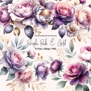 Fleurs en or violet PNG, Clipart aquarelle florale, bouquet de roses roses pourpres, couronne PNG Transparent, Clipart d'invitation de mariage, Commercial
