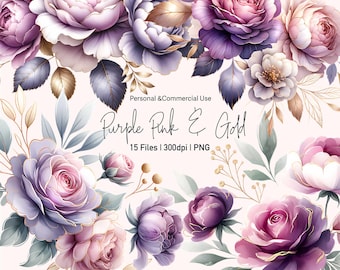 May include: A digital illustration featuring a collection of watercolor roses in shades of purple, pink, and gold. The image includes text that reads "Purple Pink & Gold" and "15 Files | 300dpi | PNG". The design is suitable for personal and commercial use.