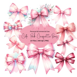 Pink Bows Clipart PNG, Pink Watercolor Bows Bundle, Clipart Bow Collection , Pastel blush Ribbon Bow, Silk Bow, Coquette Bows Commercial Use