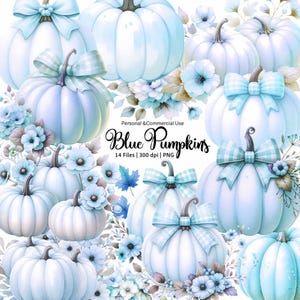 Blue Pumpkin Clipart, Watercolour Pumpkin, Pastel Blue pumpkin PNG, Bow flowers pumpkin clipart, commercial use, digital download file