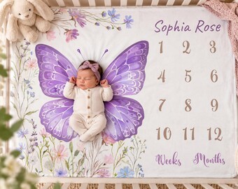 Vlinder mijlpaal deken, deken met gepersonaliseerde naam, fotoprop voor maandelijkse babyfoto's, paarse babykamerdecoratie, kraamdeken cadeau, thuiskomstdeken