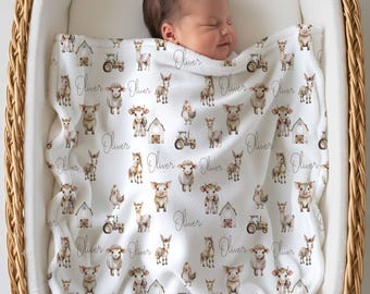Dekentje met boerderijdierennaam, babykamerdecoratie met boerderijthema, kraamcadeau voor een jongen, pasgeboren babydekentje, ziekenhuisdekentje met boerderijdieren en naam