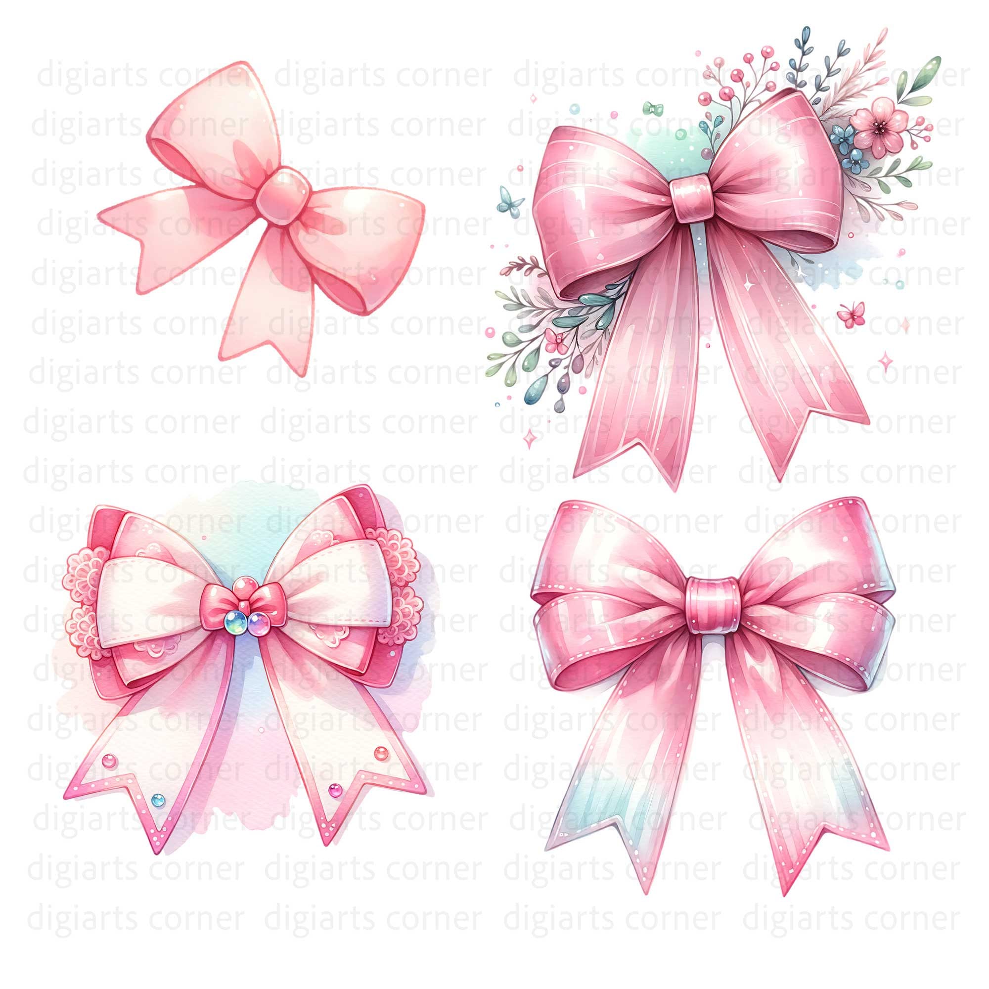 Pink Watercolor Bows Clipart: Coquette Ribbon Bundle (PNG Digital ...