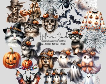 Watercolor Halloween Clipart Bundle: Witch Cat, Ghost, Dog PNG (Digital Download)