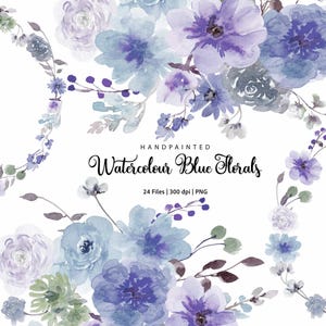 Niebieski Fioletowy kwiatowy clipart, Akwarela Wiosna Granatowy kwiat PNG, Aqua Letni bukiet wianek, Dusty Pastel Blue Wildflowers, Fioletowy ślub