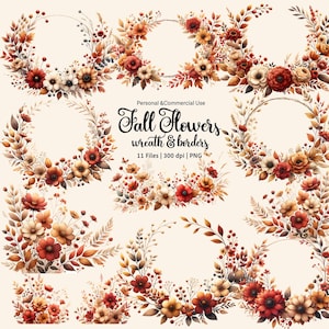 Herbst-Blumenkranz Clipart, Herbst-Blumenrand PNG, Herbst-Blumen Clipart, Boho-Blumen Aquarell, Hochzeit im Herbstseinladungen, Danksagung