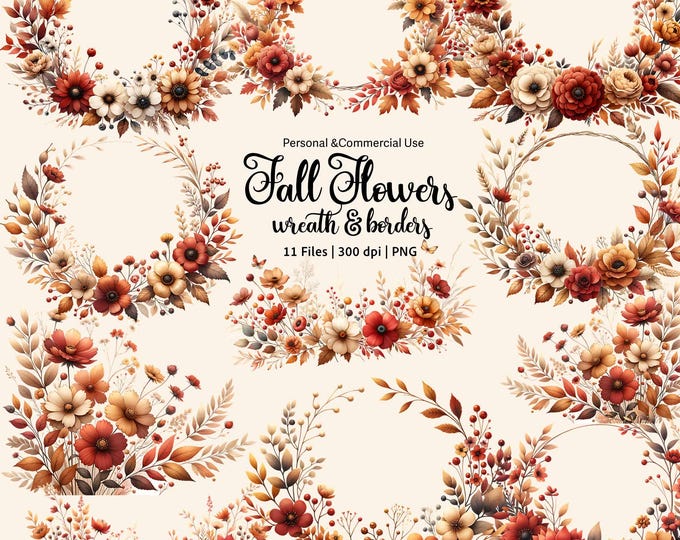 Autumn Watercolor Clipart, Fall Floral Bouquets and Borders, Brown and ...