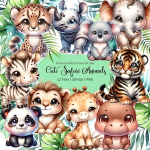 Watercolor Safari Clipart, Cute Safari Clipart, Jungle Animals Png, Baby Lion, Zebra, Elephant Safari PNG, Nursery Clipart, Birthday Clipart