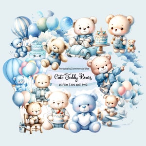 Clipart ours en peluche bleu, aquarelle ours bleu PNG, ballons mignons ours PNG, Clipart baby shower garçon, ours en peluche chambre d'enfant, anniversaire de bébé garçon