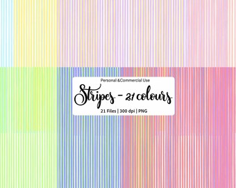 May include: A digital art piece featuring vertical stripes in a variety of pastel colors, including yellow, green, blue, and pink. The image includes text that reads "Stripes - 21 colours" and "21 Files | 300 dpi | PNG".