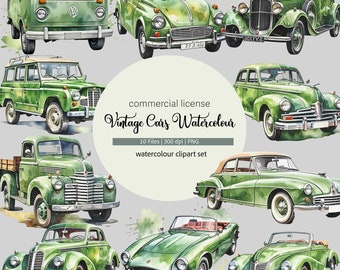 Clipart de acuarela de coches clásicos: ilustraciones de vehículos retro (descarga digital)