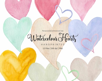 Clipart di cuori acquerellati: grafica PNG arcobaleno, San Valentino (download digitale)