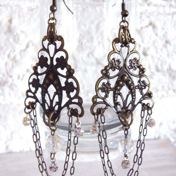 Chandelier Earrings Antiqued Brass with crystals - Last Tango in Paris