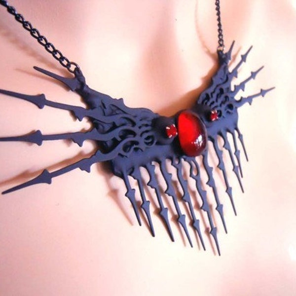 Clock Hand Necklace Steampunk noir gothic with red crystals- Airship Captain's Badge of Honor