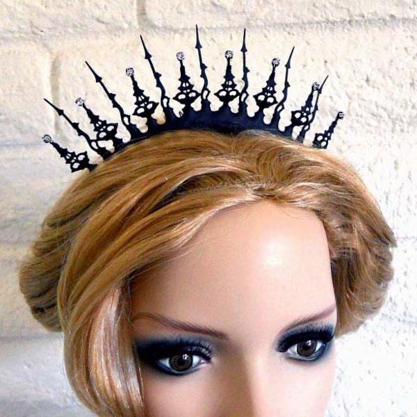 Tiara Black Clockhand Steampunk Noir Victorian inspired Black with Crystals perfect steampunk gothic bride or the evil queen in all of us